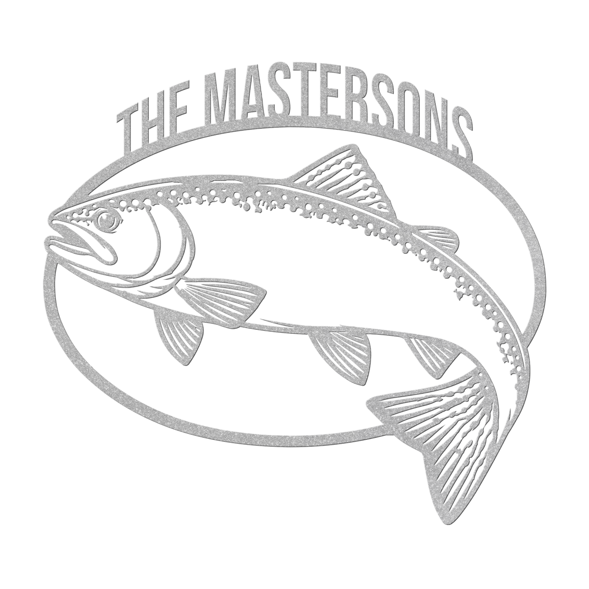 Custom trout fishing metal sign in silver — personalized family name wall art