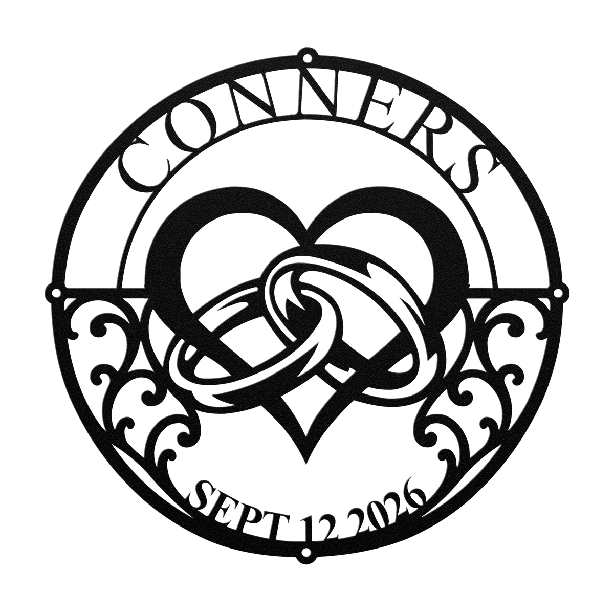 Custom wedding heart rings metal sign in black — personalized family name wall art