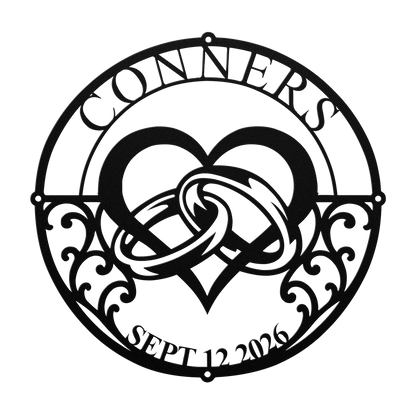 Custom wedding heart rings metal sign in black — personalized family name wall art