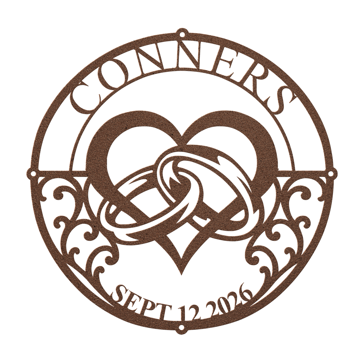 Custom wedding heart rings metal sign in copper — personalized family name wall art