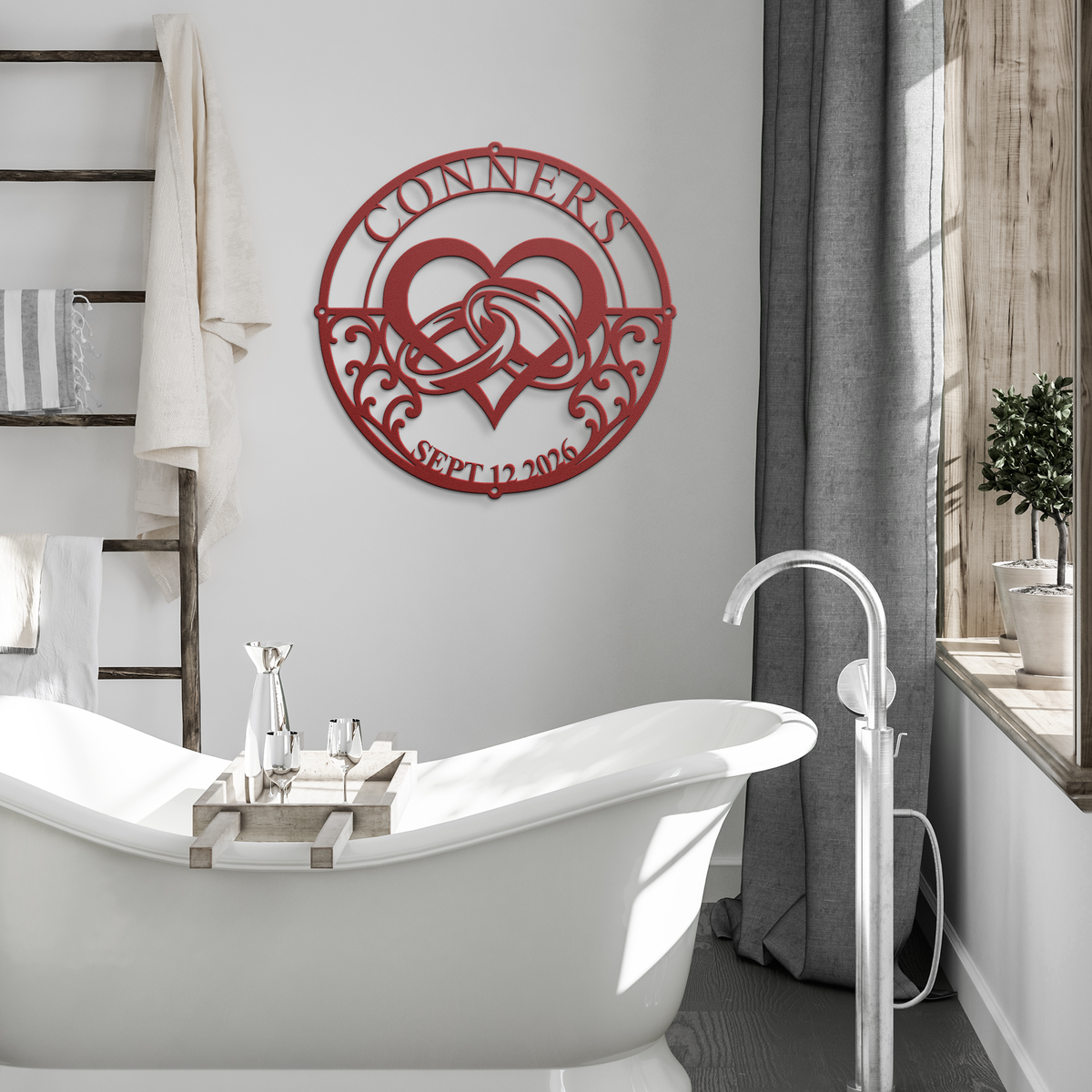 Red custom wedding heart rings metal sign in a modern room — personalized couples decor