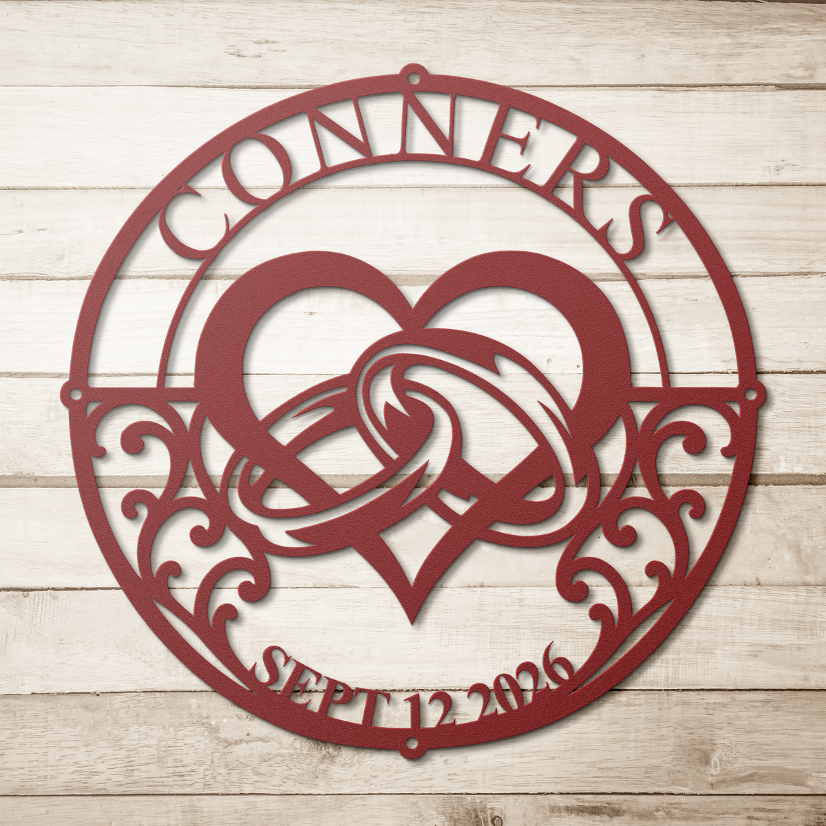 Red custom wedding heart rings metal sign on a wood background — personalized couples wall art