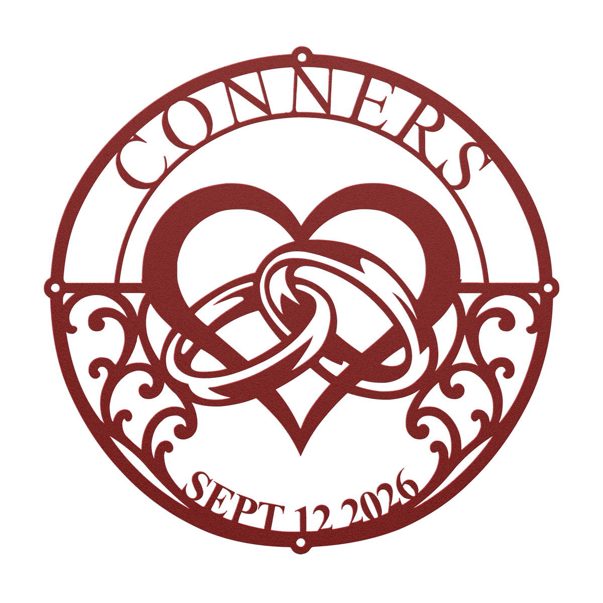 Custom wedding heart rings metal sign in red — personalized family name wall art