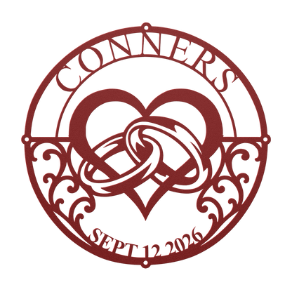 Custom wedding heart rings metal sign in red — personalized family name wall art
