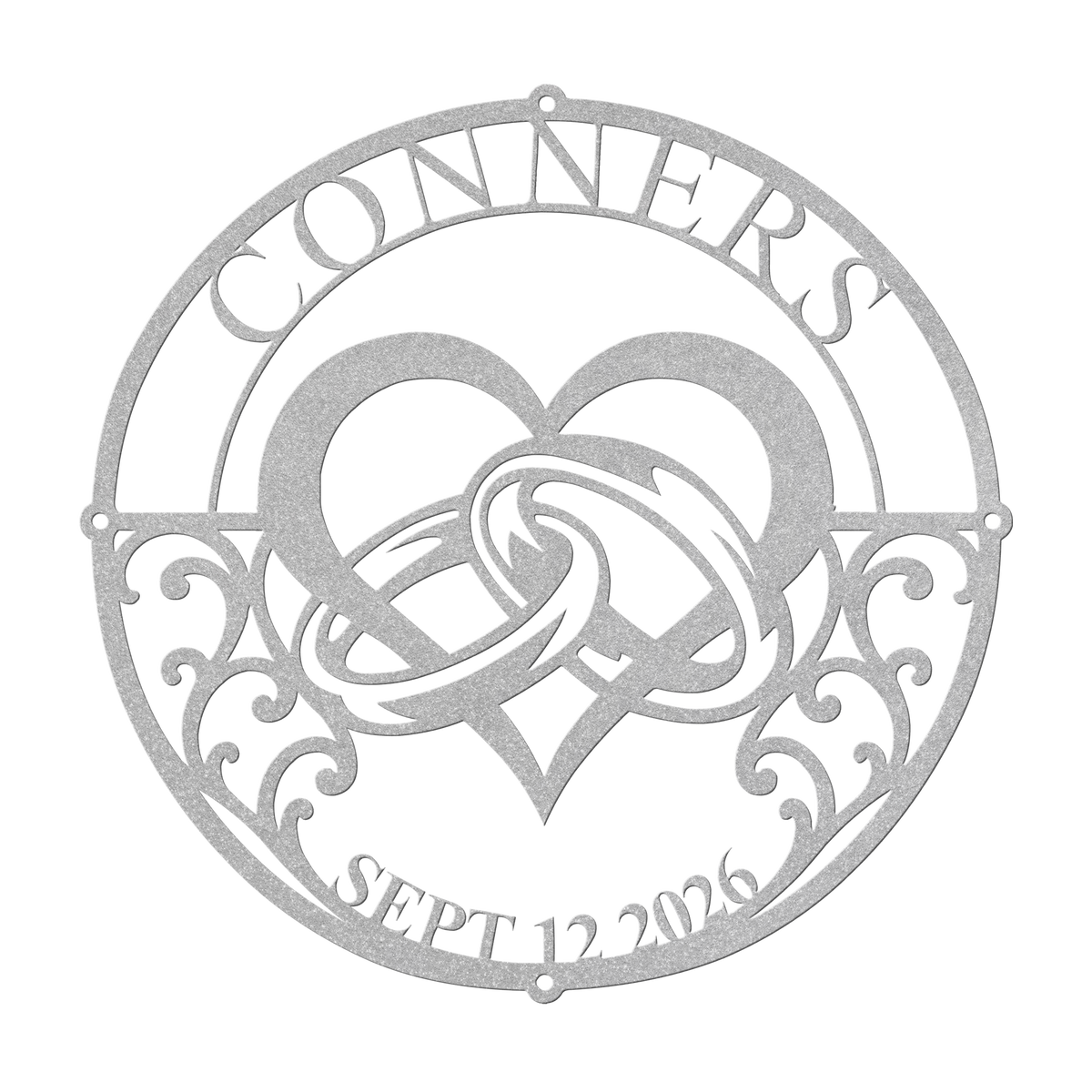Custom wedding heart rings metal sign in silver — personalized family name wall art