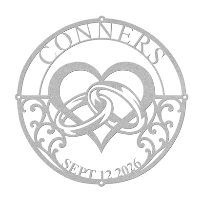 Custom wedding heart rings metal sign in silver — personalized family name wall art