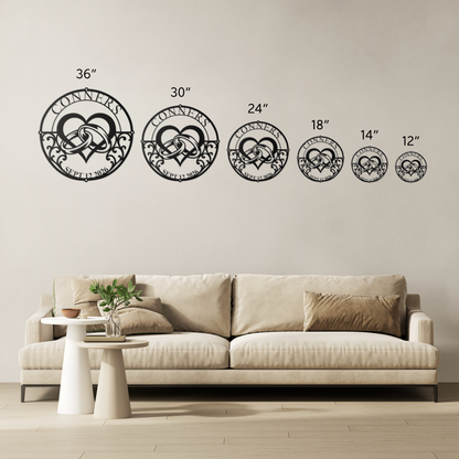Custom wedding heart rings metal sign size comparison — 12 to 36 inch options
