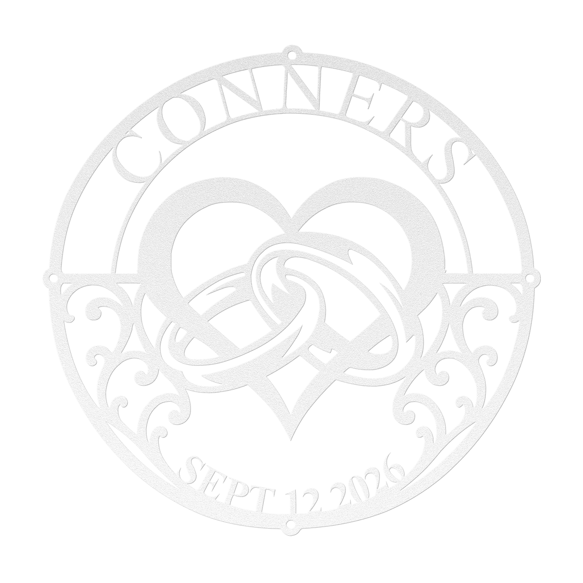 Custom wedding heart rings metal sign in white — personalized family name wall art