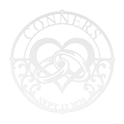 Custom wedding heart rings metal sign in white — personalized family name wall art