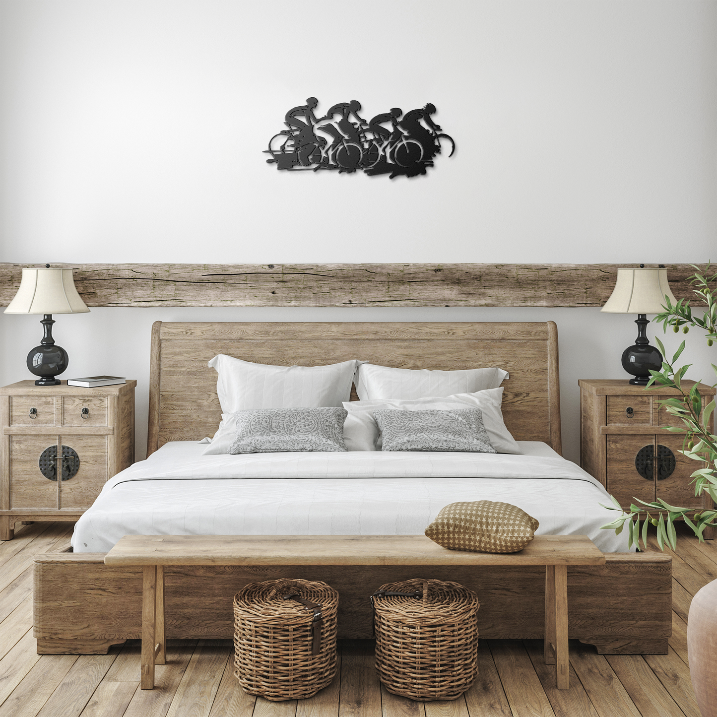 Black cycling race metal wall art in farmhouse bedroom — peloton sports decor