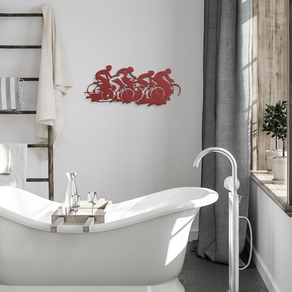 Red road bike peloton metal wall art in modern bathroom — cycling sports decor