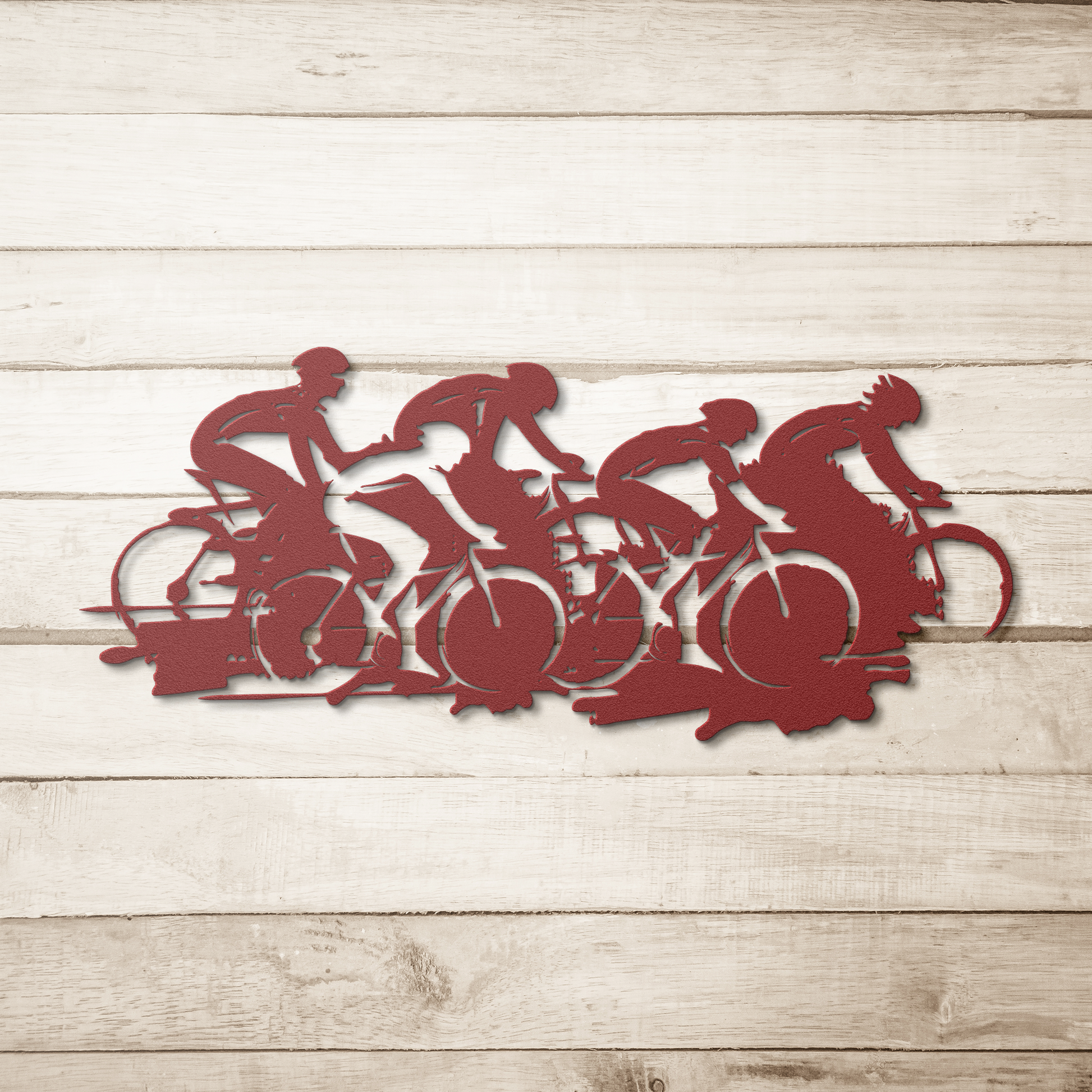 Cycling race metal wall art in red — road bike peloton sign on wood background