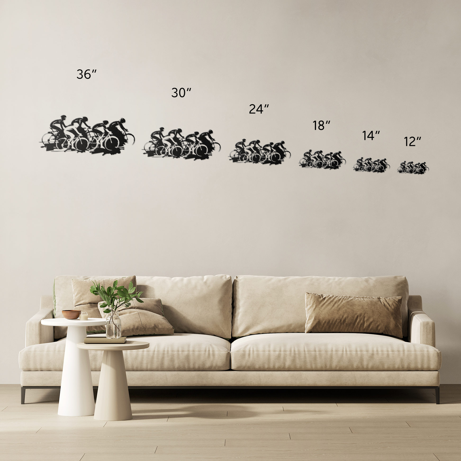 Cycling race metal wall art size comparison — 12 to 36 inch options