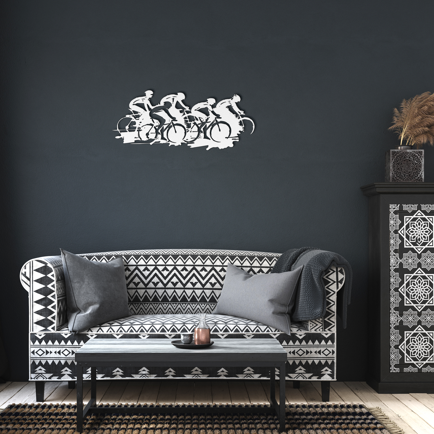 Bicycle racing metal wall art in living room — dynamic cyclist silhouette decor