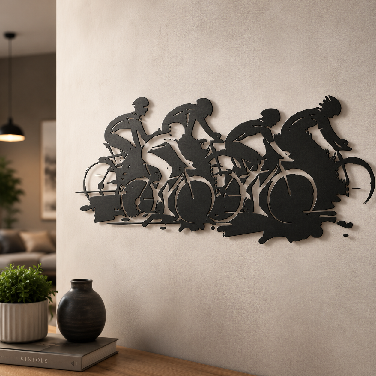 Road bike peloton metal sign close up — plasma-cut steel detail