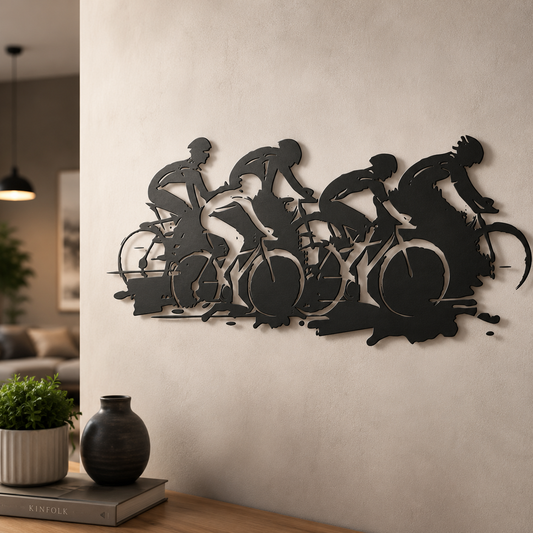 Road bike peloton metal sign close up — plasma-cut steel detail