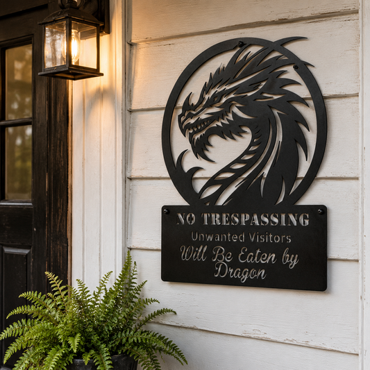 Funny dragon no soliciting metal sign in red powder-coated steel mounted on white shiplap — custom outdoor warning sign