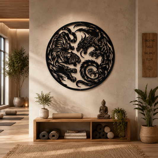 Tiger dragon yin yang metal wall art in black — 24 inch eternal battle steel decor