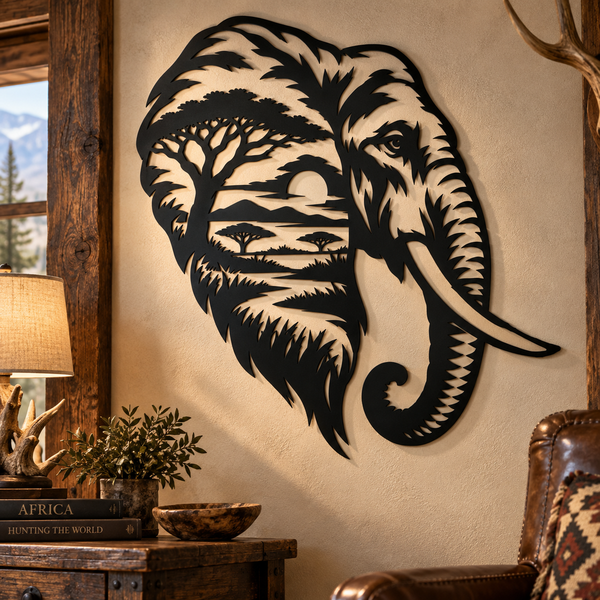 Elephant metal wall art in black — double-exposure African safari landscape steel decor