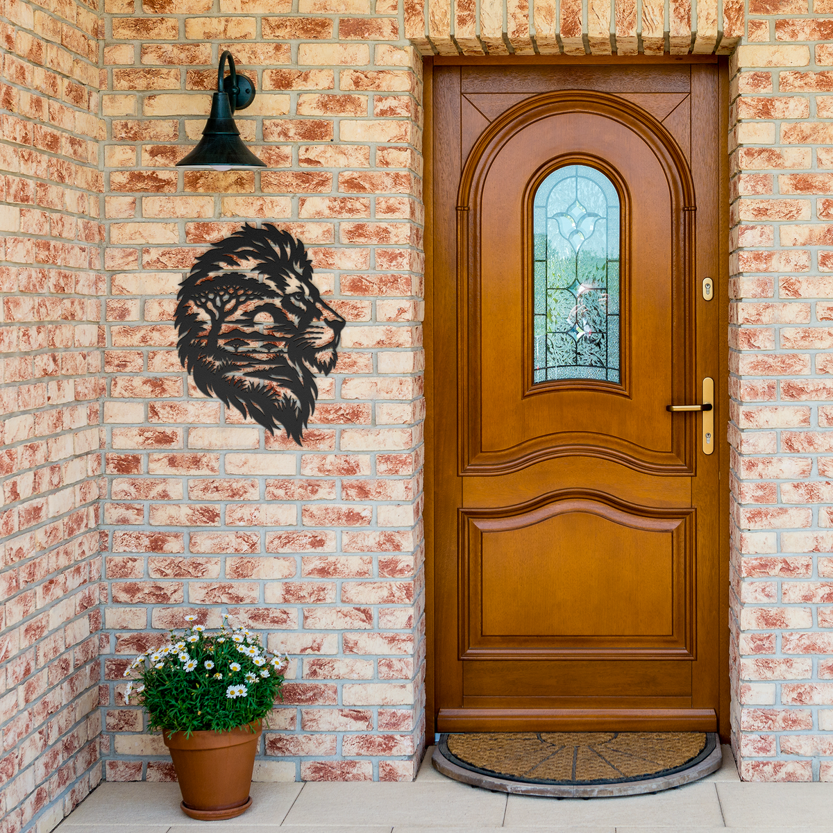 Black lion african safari metal wall art by brick entrance — steel wall decor