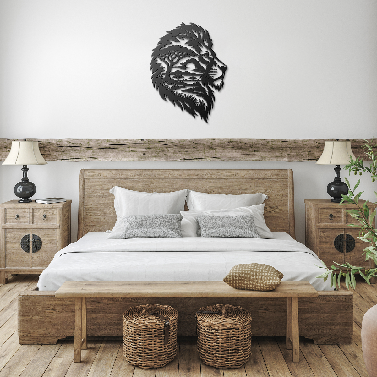 Black lion african safari metal wall art in a farmhouse room — steel wall decor