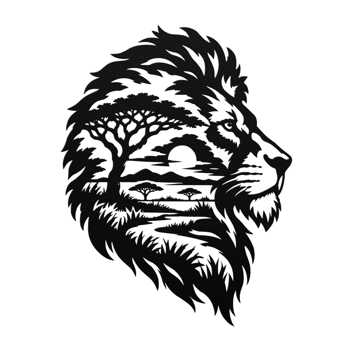Lion African safari metal wall art in black — double-exposure safari wildlife steel wall decor