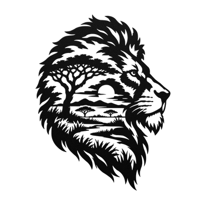 Lion African safari metal wall art in black — double-exposure safari wildlife steel wall decor