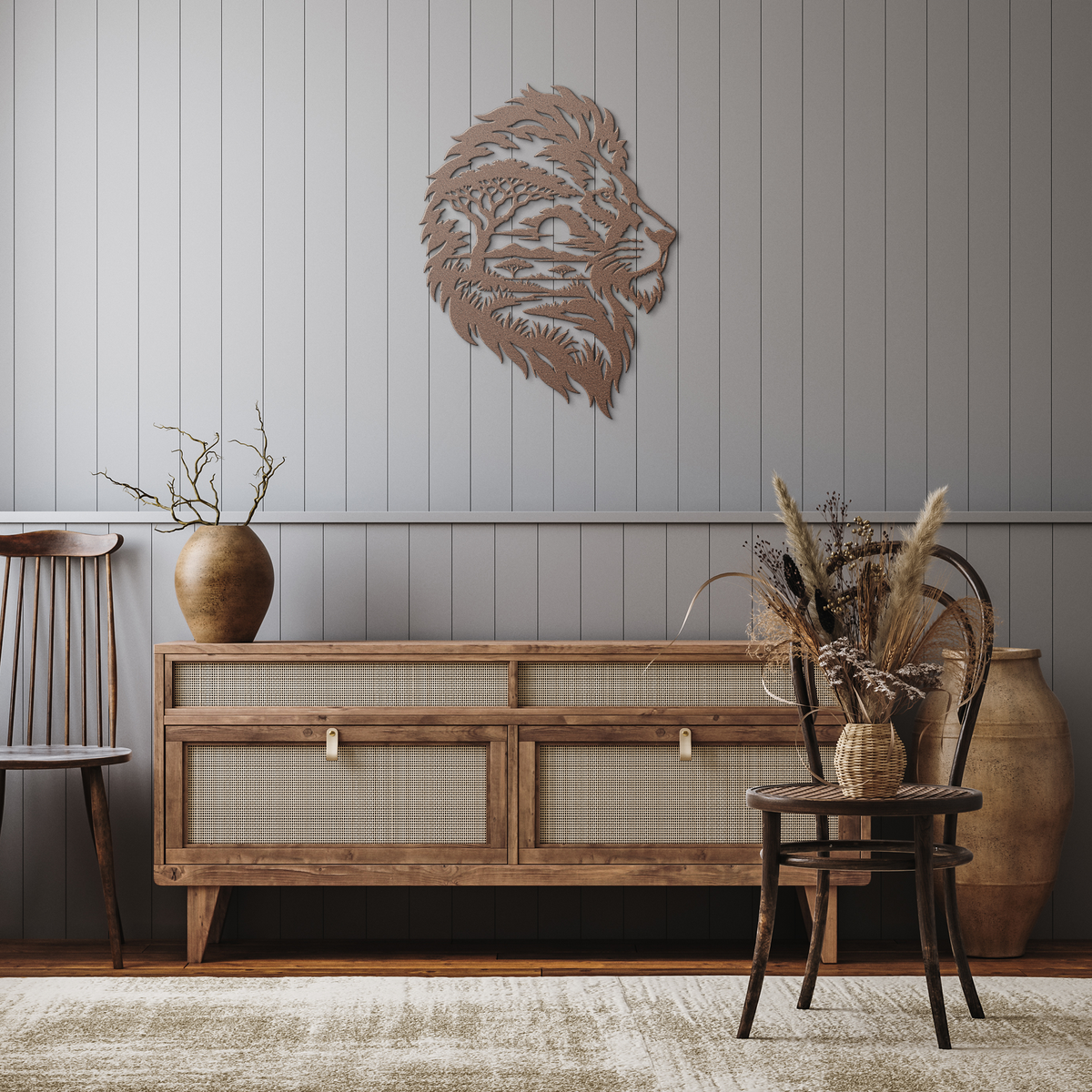 Copper lion african safari metal wall art in a rustic hallway — steel wall decor