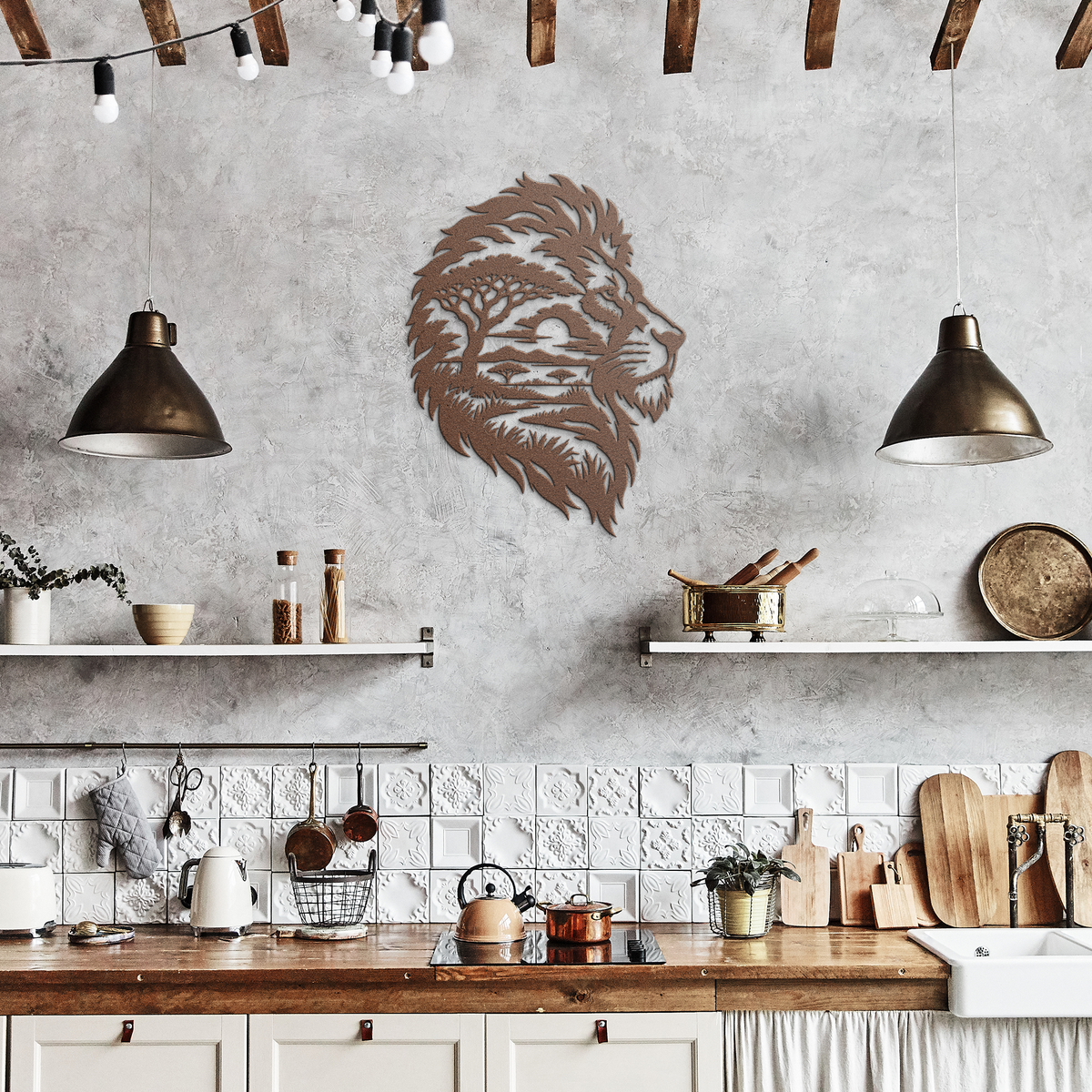 Copper lion african safari metal wall art in a rustic kitchen — steel wall decor