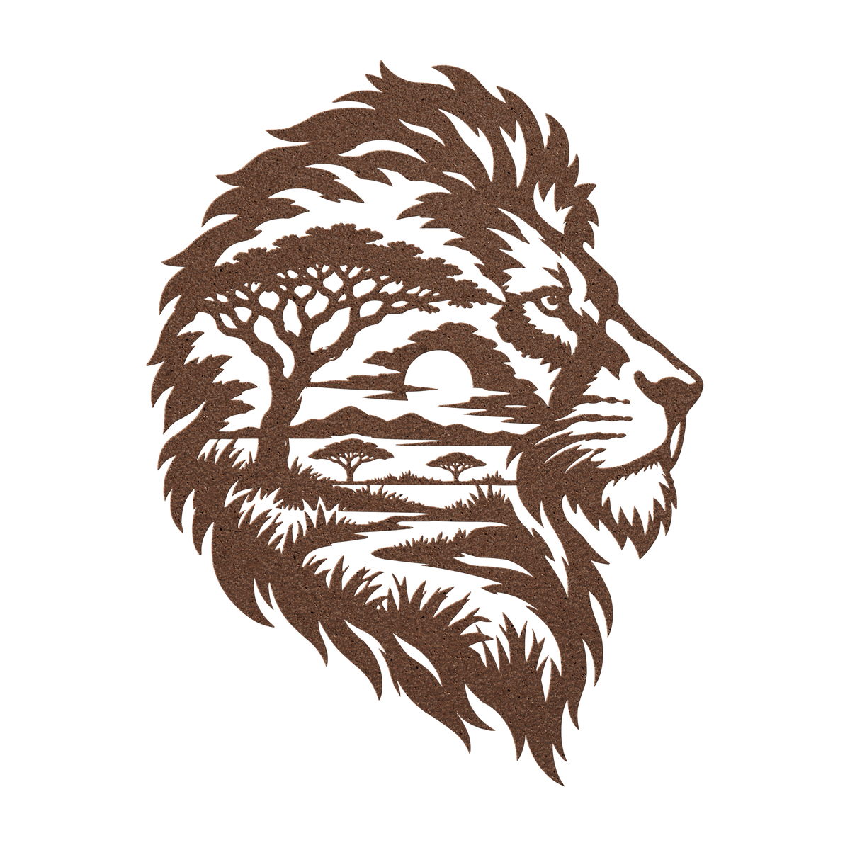 Lion African safari metal wall art in copper — double-exposure safari wildlife steel wall decor