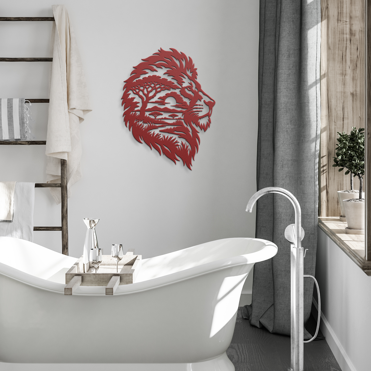 Red lion african safari metal wall art in a modern room — steel wall decor