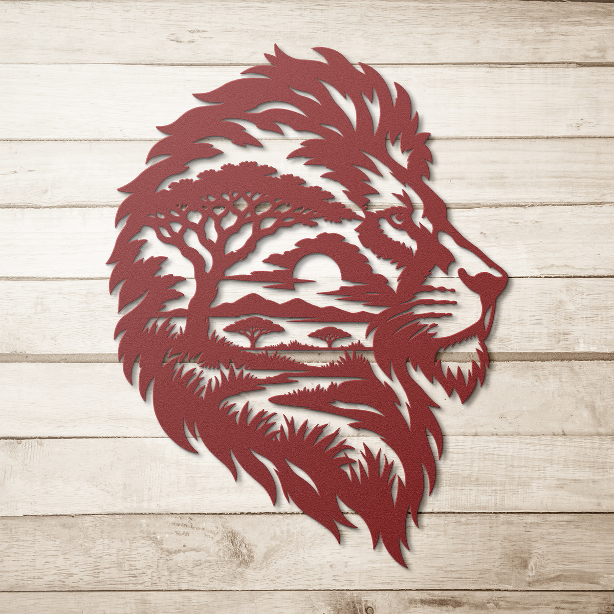 Red lion african safari metal wall art on a wood background — steel wall decor