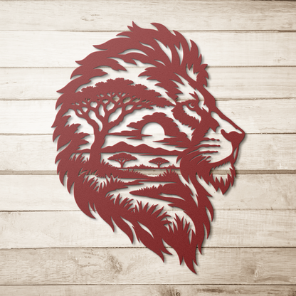 Red lion african safari metal wall art on a wood background — steel wall decor