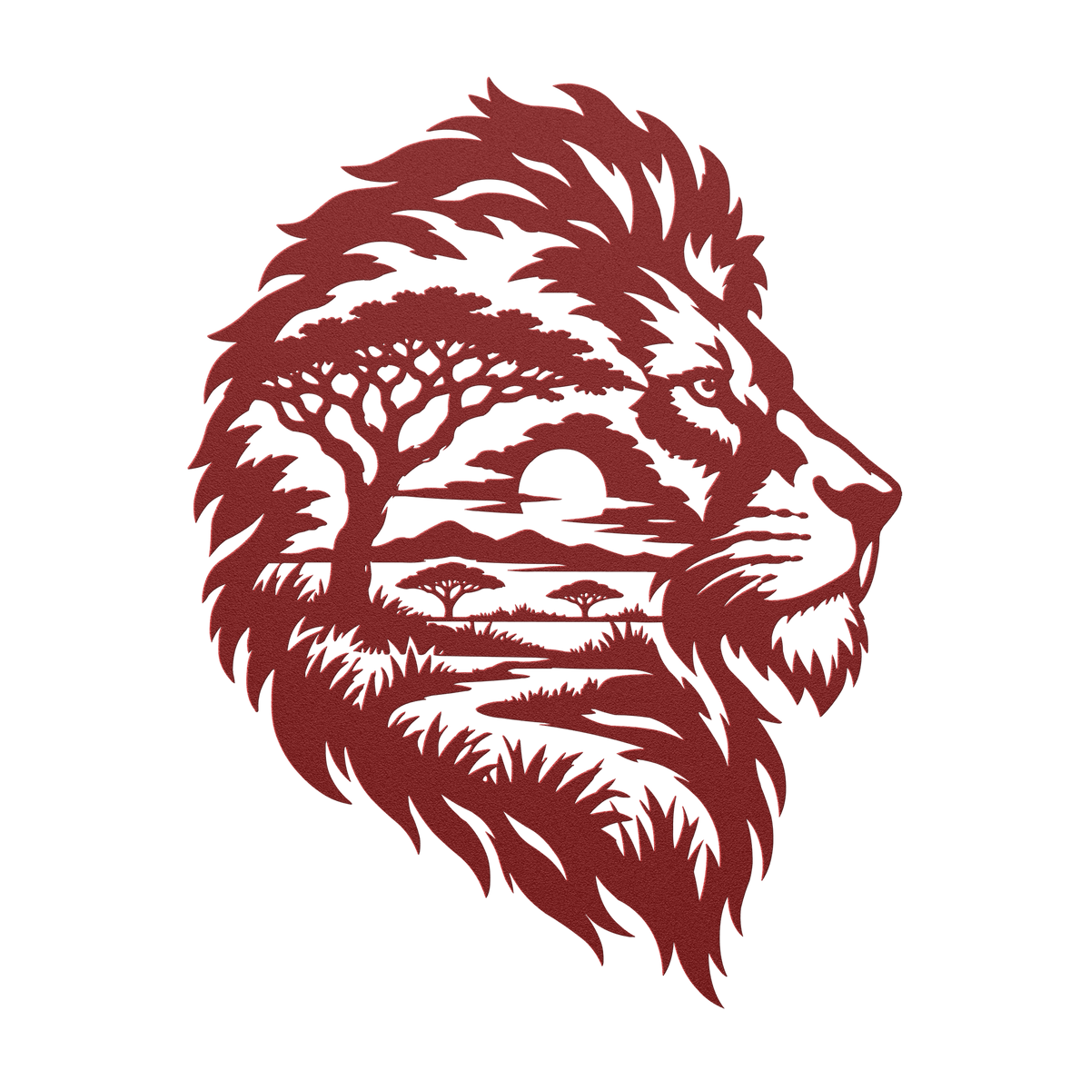 Lion African safari metal wall art in red — double-exposure safari wildlife steel wall decor
