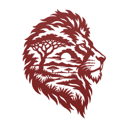Lion African safari metal wall art in red — double-exposure safari wildlife steel wall decor