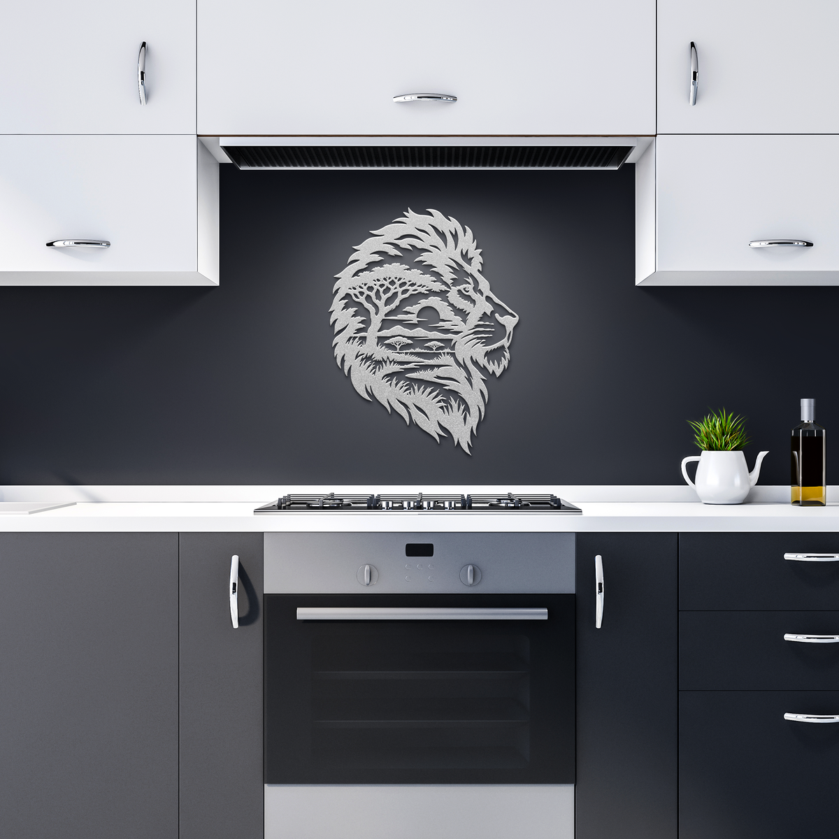 Silver lion african safari metal wall art in a dark kitchen — steel wall decor