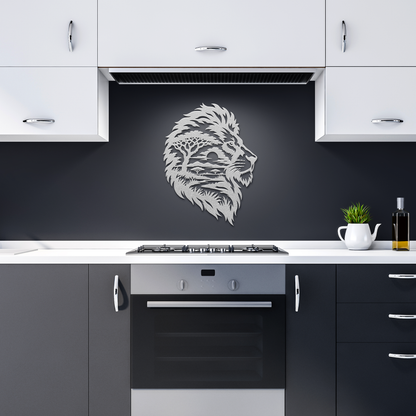 Silver lion african safari metal wall art in a dark kitchen — steel wall decor