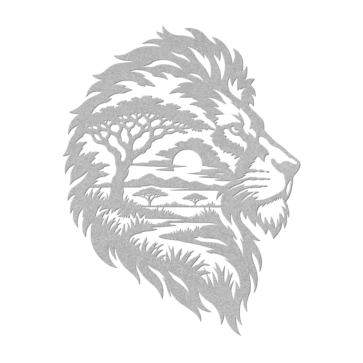 Lion African safari metal wall art in silver — double-exposure safari wildlife steel wall decor