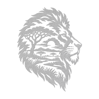 Lion African safari metal wall art in silver — double-exposure safari wildlife steel wall decor