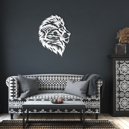 White lion african safari metal wall art in a living room — steel wall decor