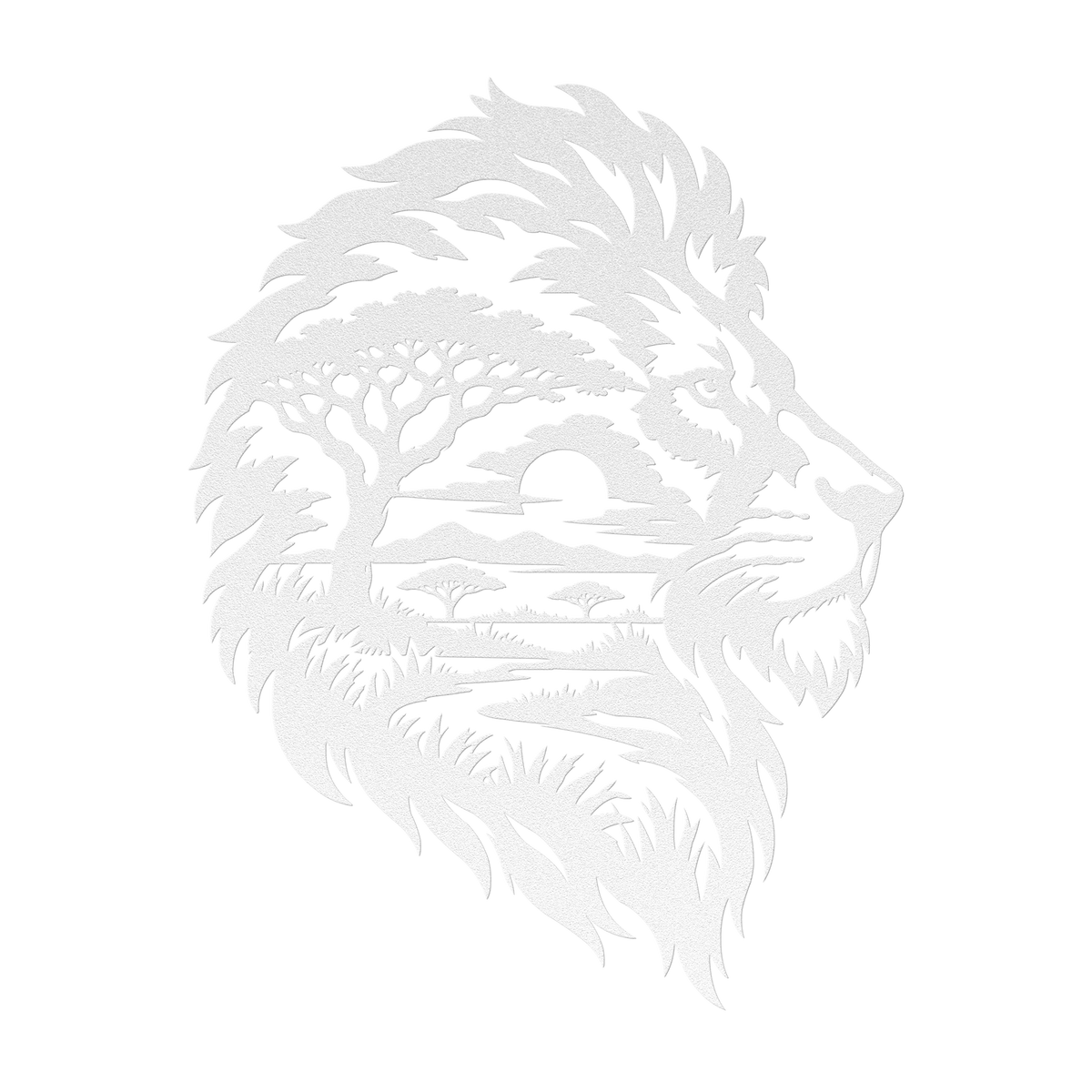 Lion African safari metal wall art in white — double-exposure safari wildlife steel wall decor