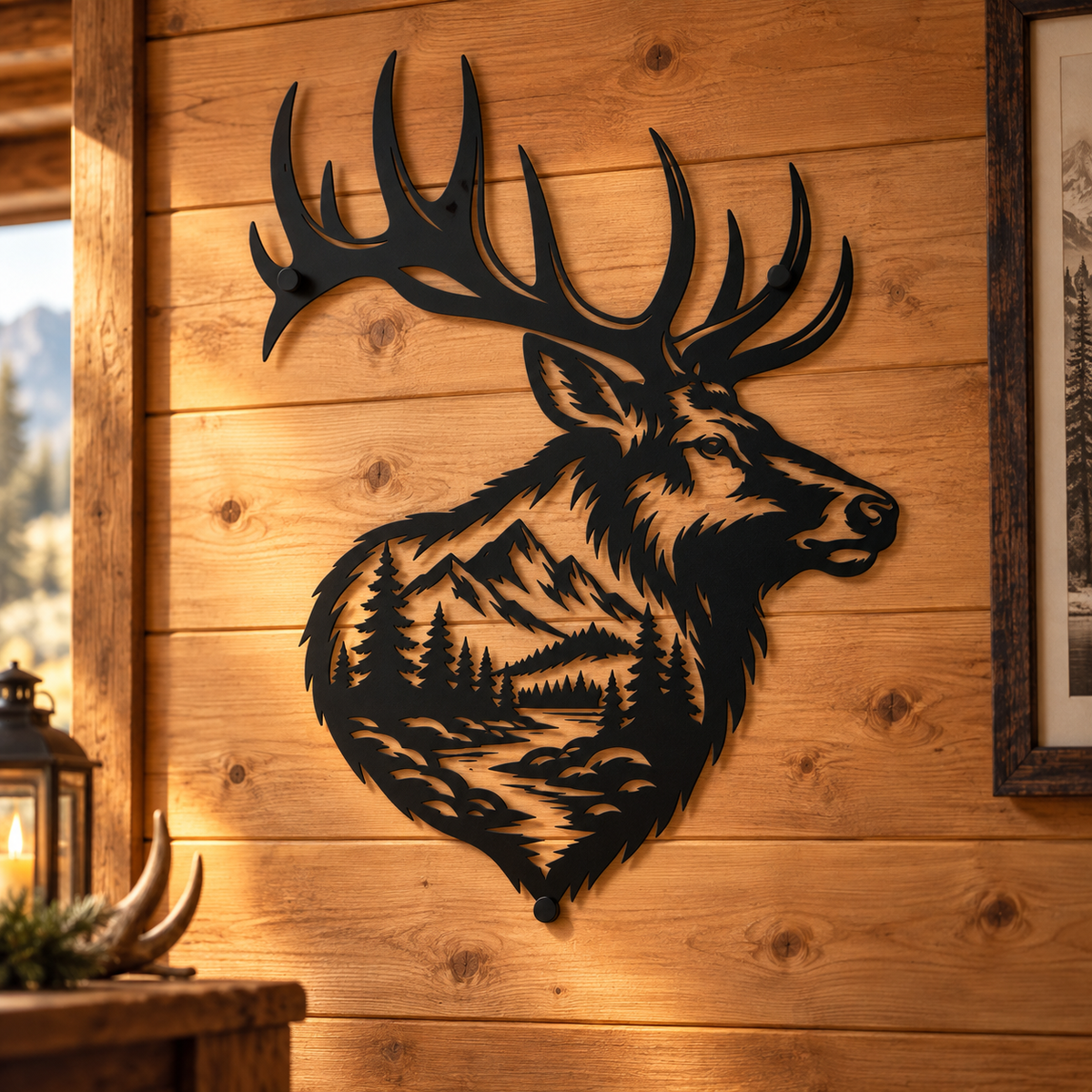 Bull elk metal wall art in black — double-exposure mountain landscape steel decor