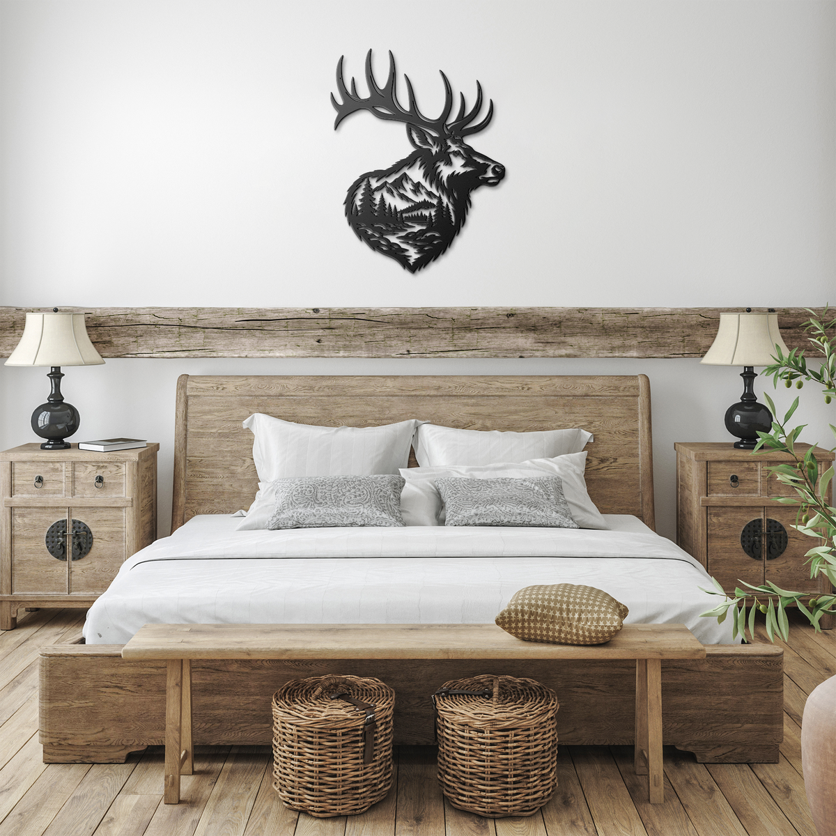 Black bull elk mountain metal wall art in a farmhouse room — steel wall decor