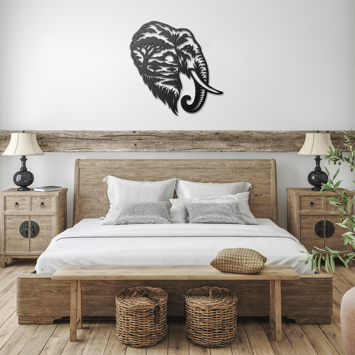 Black elephant african safari metal wall art in a farmhouse room — steel wall decor