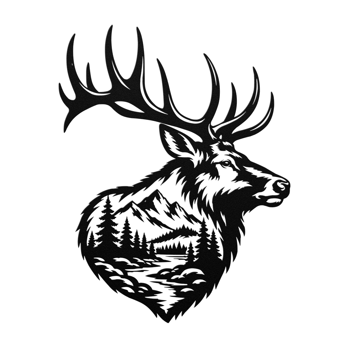 Bull elk mountain metal wall art in black — double-exposure mountain wildlife steel wall decor