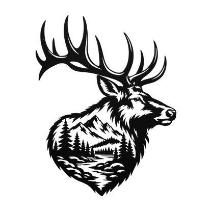 Bull elk mountain metal wall art in black — double-exposure mountain wildlife steel wall decor