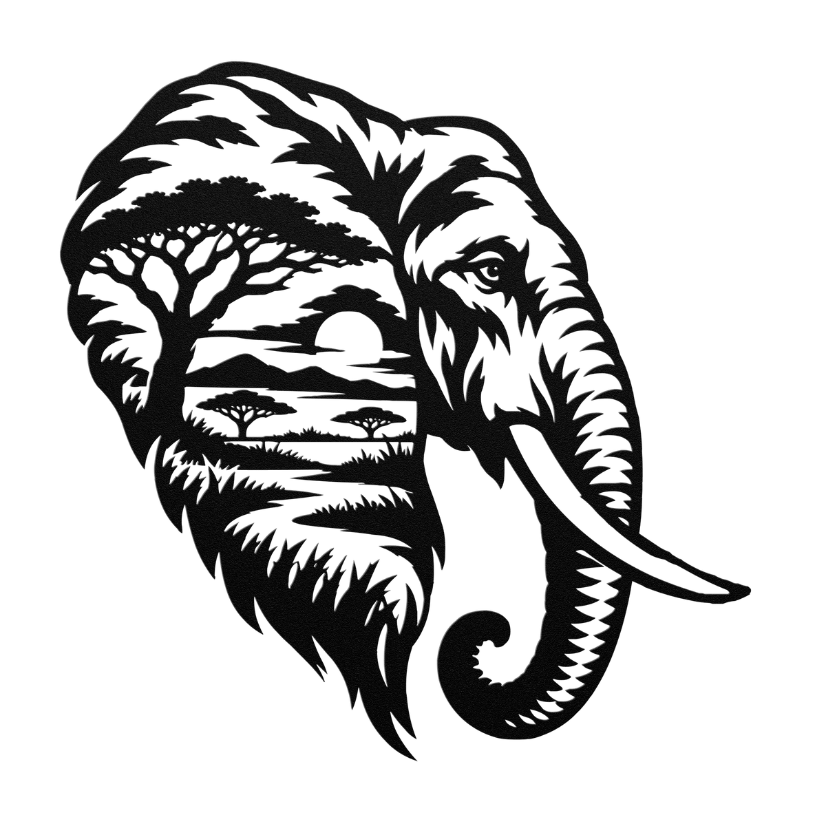 Elephant African safari metal wall art in black — double-exposure safari wildlife steel wall decor