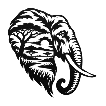 Elephant African safari metal wall art in black — double-exposure safari wildlife steel wall decor