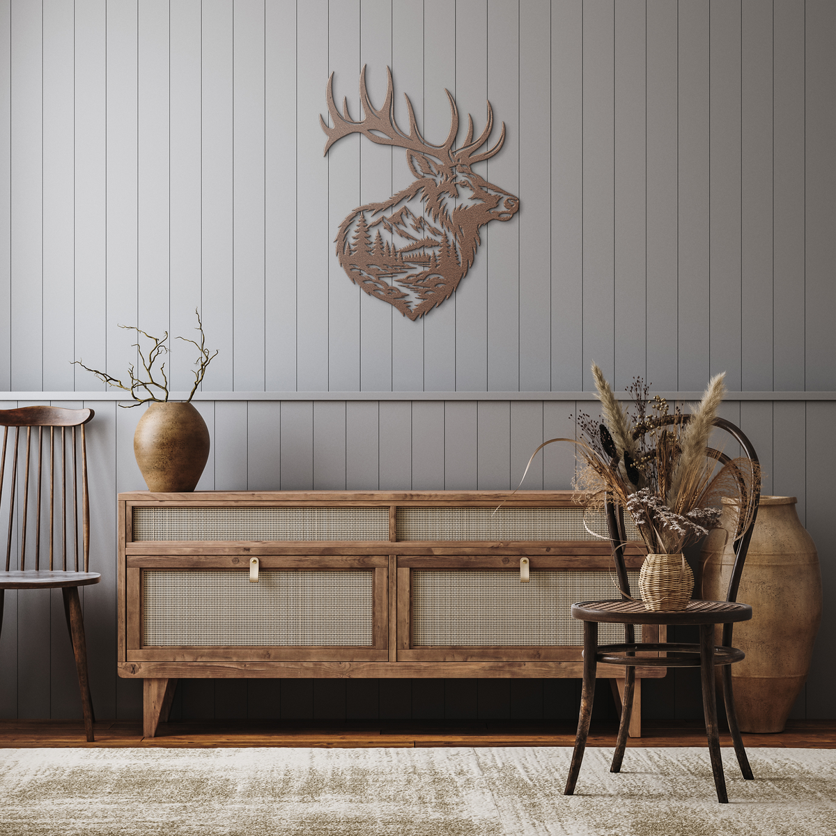 Copper bull elk mountain metal wall art in a rustic hallway — steel wall decor