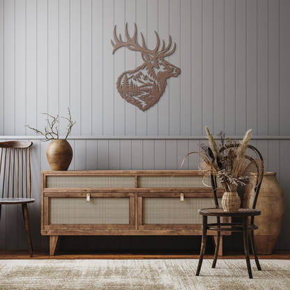 Copper bull elk mountain metal wall art in a rustic hallway — steel wall decor